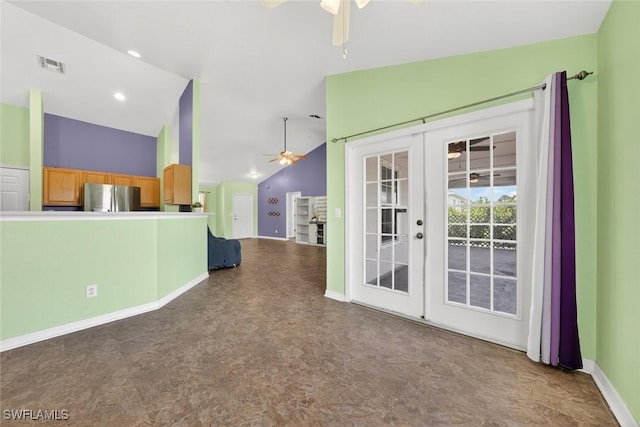 509 Scott Ave, Lehigh Acres, FL 33972 - unfurnished dining area featuring a ceiling fan, french doors, lofted ceiling, and tile patterned floors