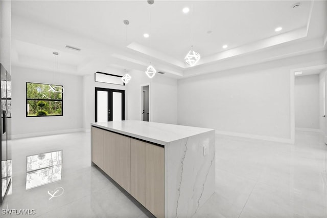 4211 12th Ave NE, Naples, FL 34120 - kitchen with a raised ceiling, modern cabinets, open floor plan, french doors, and recessed lighting