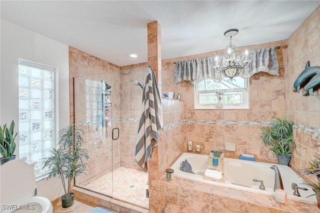 30 Bunker Ln, Rotonda West, FL 33947 - full bath featuring a bath, a stall shower, and a chandelier