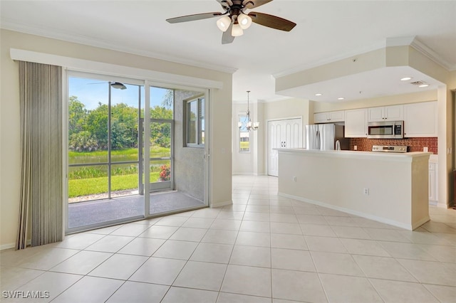 20010 Barletta Ln Unit 612, Estero, FL 33928 - unfurnished living room featuring a ceiling fan, ornamental molding, a chandelier, and light tile patterned floors