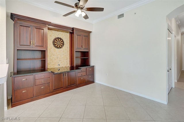 20010 Barletta Ln Unit 612, Estero, FL 33928 - unfurnished living room featuring ceiling fan, arched walkways, crown molding, and light tile patterned floors