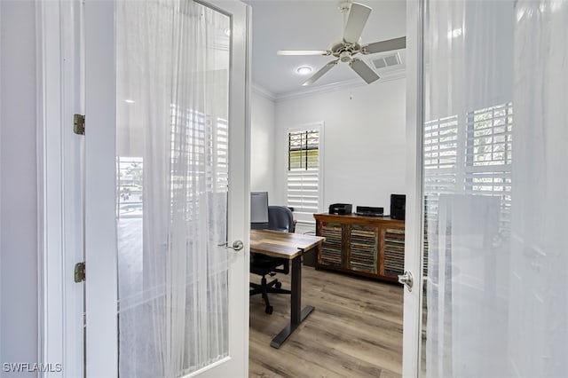 13461 Sabal Pointe Dr, Fort Myers, FL 33905 - office area featuring ornamental molding, ceiling fan, and wood finished floors