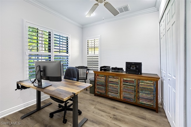 13461 Sabal Pointe Dr, Fort Myers, FL 33905 - office featuring ornamental molding, light wood-type flooring, and ceiling fan