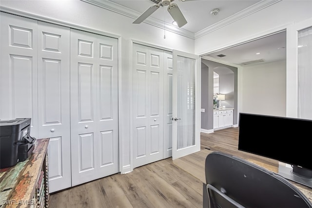13461 Sabal Pointe Dr, Fort Myers, FL 33905 - office with ornamental molding, ceiling fan, light wood-style flooring, and arched walkways