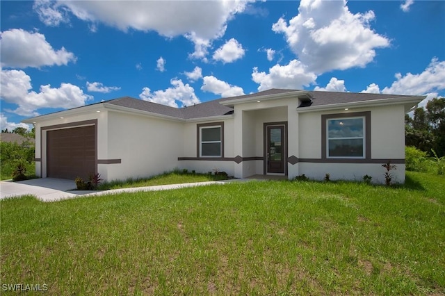 311 Rand Ave, Lehigh Acres, FL 33974 - view of front of house with stucco siding, a garage, concrete driveway, and a front yard