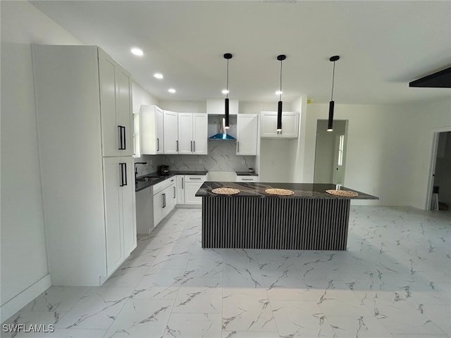 4204 E 24th St, Alva, FL 33920 - kitchen featuring wall chimney range hood, dark countertops, recessed lighting, a center island, and tasteful backsplash