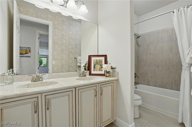 23484 Sanabria Loop, Bonita Springs, FL 34135 - bathroom featuring shower / tub combo, double vanity, and tile patterned floors