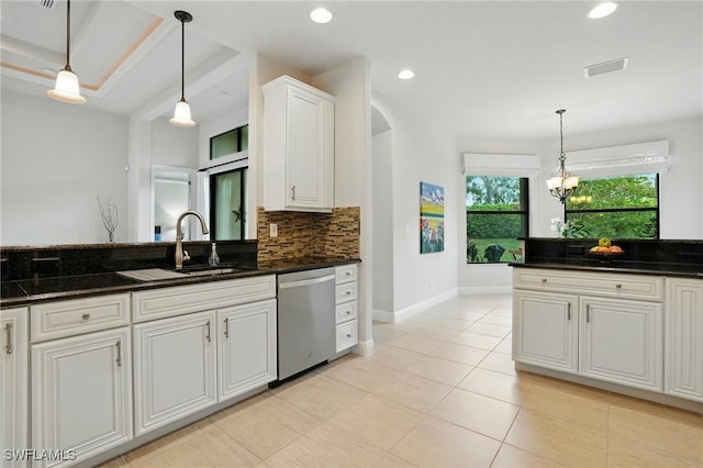 23484 Sanabria Loop, Bonita Springs, FL 34135 - kitchen with dishwasher, tasteful backsplash, pendant lighting, white cabinets, and recessed lighting