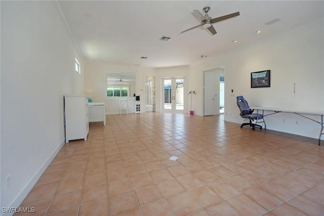 922 Turtle Ct Unit 21-21, Naples, FL 34108 - unfurnished living room with crown molding, light tile patterned flooring, a ceiling fan, and recessed lighting