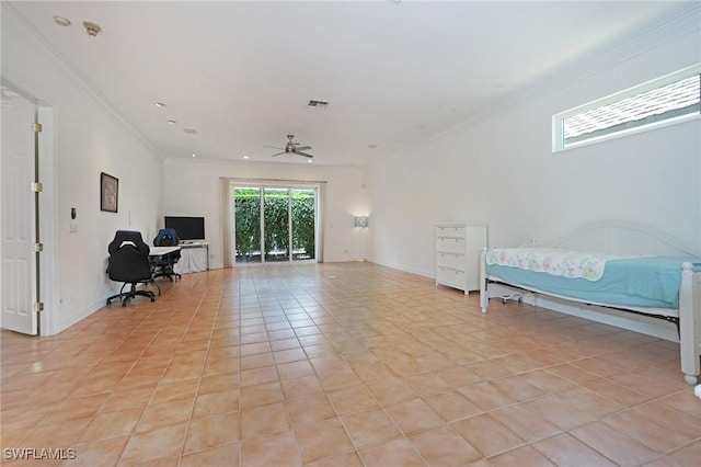922 Turtle Ct Unit 21-21, Naples, FL 34108 - living area with ceiling fan, crown molding, an office area, and light tile patterned flooring