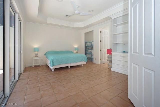 922 Turtle Ct Unit 21-21, Naples, FL 34108 - bedroom with crown molding, a ceiling fan, and a raised ceiling