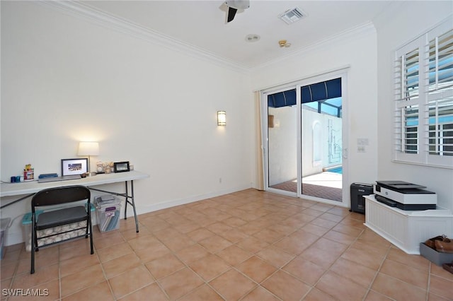 922 Turtle Ct Unit 21-21, Naples, FL 34108 - home office featuring healthy amount of natural light, ornamental molding, light tile patterned floors, and a ceiling fan