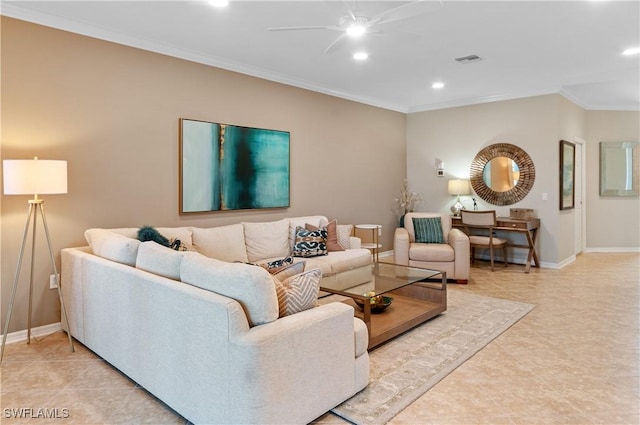 12085 Via Siena Ct Unit 102, Bonita Springs, FL 34135 - living room with ornamental molding, ceiling fan, recessed lighting, and light tile patterned floors