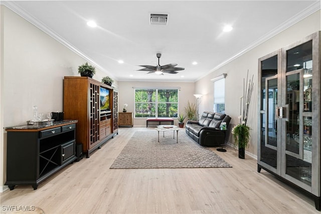 10736 Cetrella Dr, Fort Myers, FL 33913 - living area featuring light wood-style flooring, a ceiling fan, recessed lighting, and crown molding