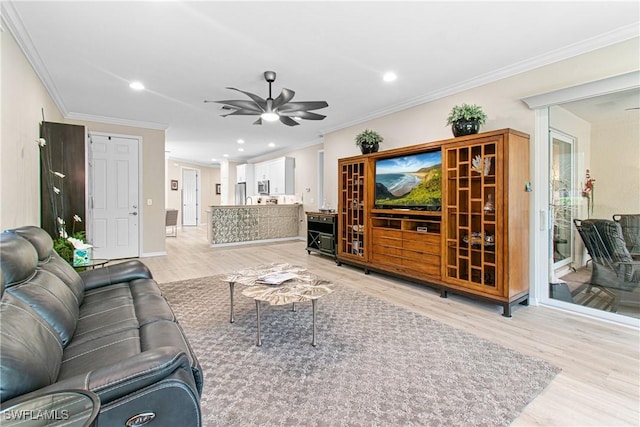 10736 Cetrella Dr, Fort Myers, FL 33913 - living room with light wood-type flooring, a ceiling fan, crown molding, and recessed lighting