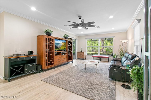 10736 Cetrella Dr, Fort Myers, FL 33913 - living area featuring wood finished floors, a ceiling fan, crown molding, and recessed lighting
