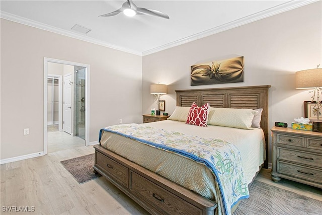 10736 Cetrella Dr, Fort Myers, FL 33913 - bedroom with ornamental molding, light wood-style flooring, a ceiling fan, and connected bathroom