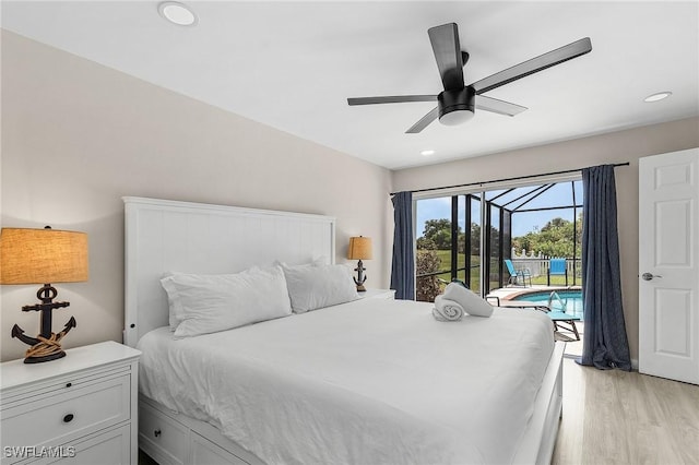 3823 Palm Tree Blvd, Cape Coral, FL 33904 - bedroom with access to exterior, light wood-style floors, ceiling fan, and recessed lighting