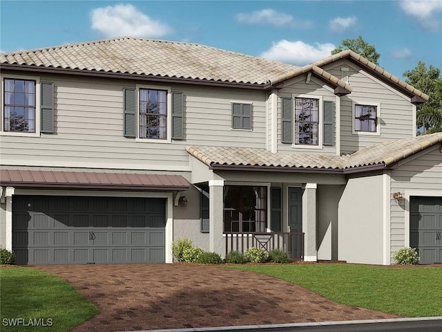10601 Timber Creek Dr, Fort Myers, FL 33913 - view of front facade with covered porch, a tiled roof, decorative driveway, a garage, and stucco siding