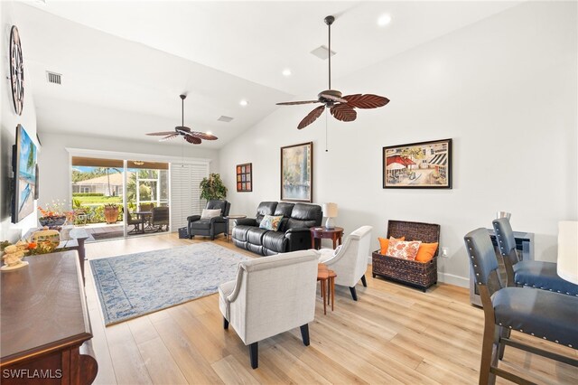 23204 Coconut Shores Dr, Estero, FL 34134 - living area featuring a ceiling fan, light wood finished floors, lofted ceiling, and recessed lighting