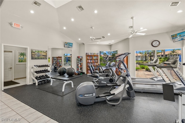23204 Coconut Shores Dr, Estero, FL 34134 - exercise room featuring recessed lighting, a ceiling fan, and high vaulted ceiling