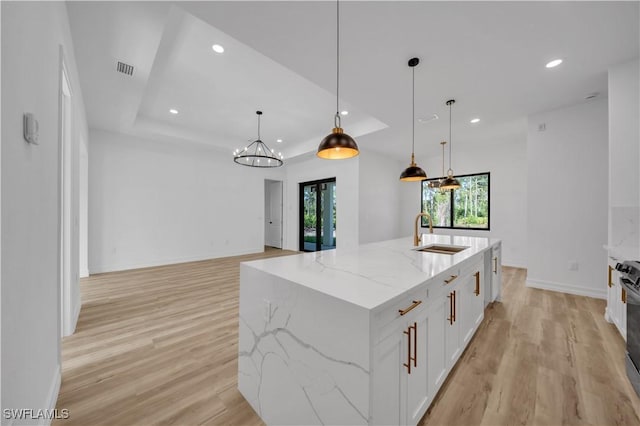 1517 Washington Ave, Lehigh Acres, FL 33972 - kitchen featuring light wood-style flooring, a raised ceiling, recessed lighting, white cabinets, and light stone counters