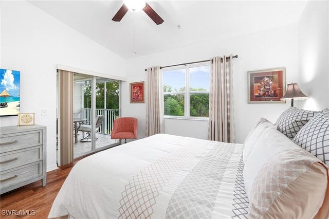 4945 Cougar Ct S Unit 4-202, Naples, FL 34109 - bedroom with access to outside, vaulted ceiling, wood finished floors, and a ceiling fan