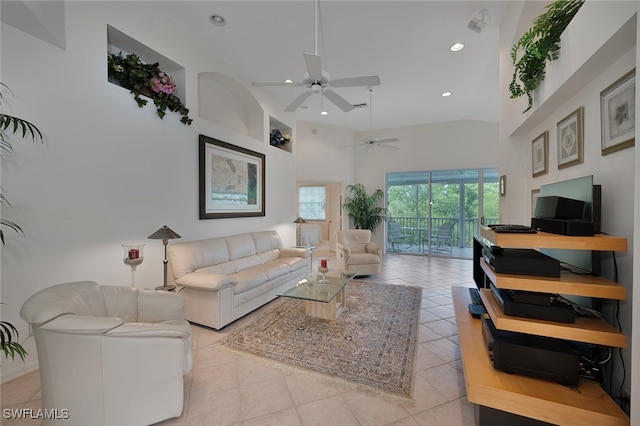 26962 Montego Pointe Ct Unit 202, Bonita Springs, FL 34134 - living area with a ceiling fan, a high ceiling, recessed lighting, and tile patterned flooring