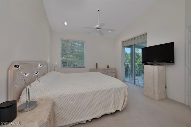 26962 Montego Pointe Ct Unit 202, Bonita Springs, FL 34134 - carpeted bedroom featuring access to exterior, vaulted ceiling, and a ceiling fan