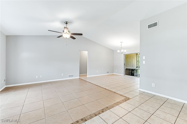 3191 Golden Gate Blvd E, Naples, FL 34120 - spare room with light tile patterned floors, a chandelier, ceiling fan, and lofted ceiling
