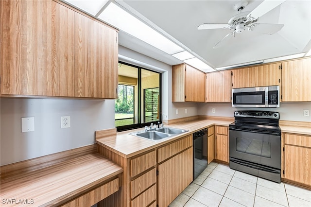 3191 Golden Gate Blvd E, Naples, FL 34120 - kitchen with black appliances, light countertops, a ceiling fan, and light tile patterned floors