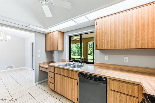 3191 Golden Gate Blvd E, Naples, FL 34120 - kitchen featuring dishwasher, ceiling fan, light tile patterned floors, and wood counters