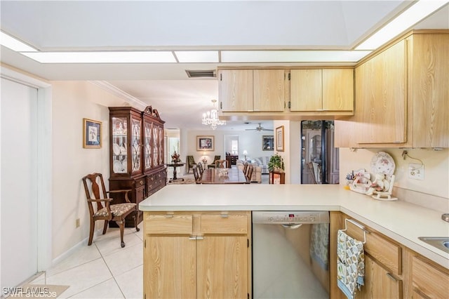 1021 Charlemagne Blvd, Naples, FL 34112 - kitchen featuring stainless steel dishwasher, a peninsula, light countertops, and light brown cabinetry
