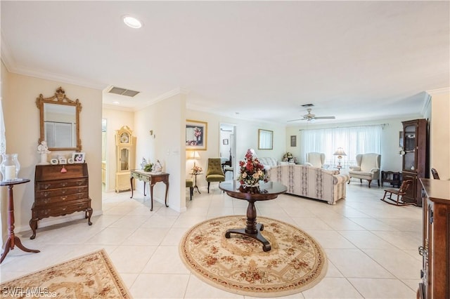 1021 Charlemagne Blvd, Naples, FL 34112 - living room with ornamental molding, light tile patterned floors, ceiling fan, and recessed lighting