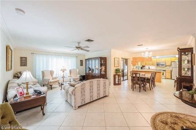 1021 Charlemagne Blvd, Naples, FL 34112 - living room with a chandelier, crown molding, light tile patterned flooring, and a ceiling fan