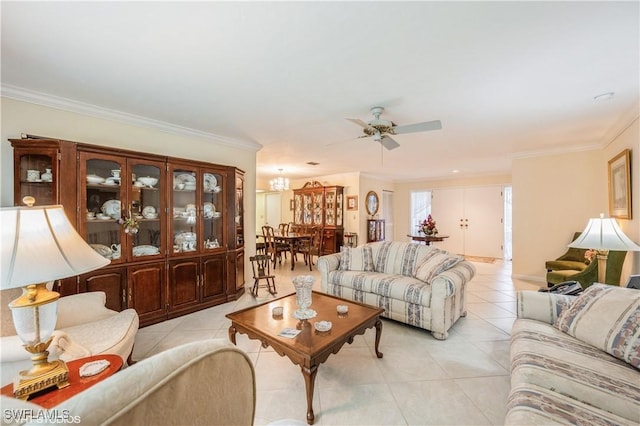 1021 Charlemagne Blvd, Naples, FL 34112 - living area with light tile patterned floors, ornamental molding, and a ceiling fan