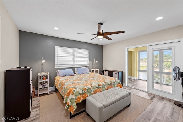 4938 Vincennes St Unit 3, Cape Coral, FL 33904 - bedroom with access to exterior, light wood-style floors, recessed lighting, and a ceiling fan
