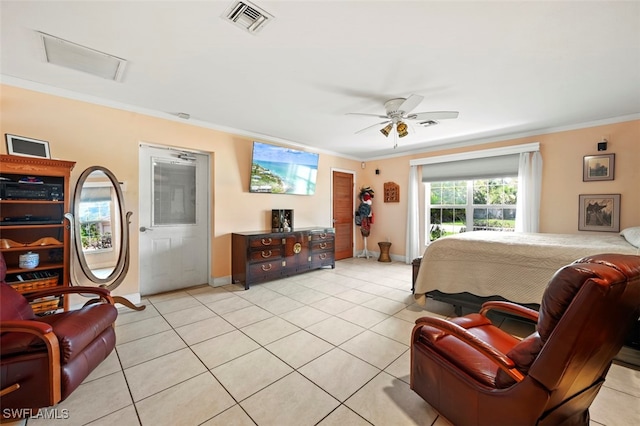 165 4th St, Bonita Springs, FL 34134 - bedroom with crown molding, attic access, light tile patterned floors, and ceiling fan