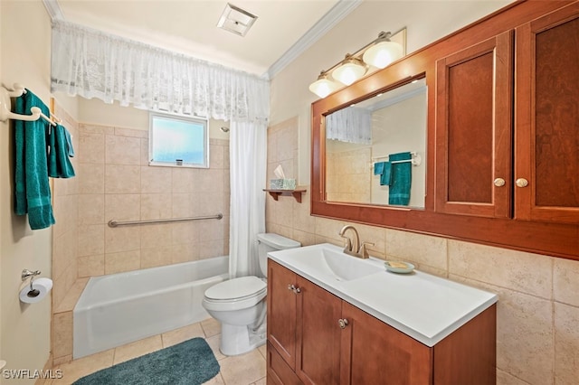 165 4th St, Bonita Springs, FL 34134 - bathroom with vanity, shower / bath combination with curtain, tile patterned flooring, tile walls, and crown molding