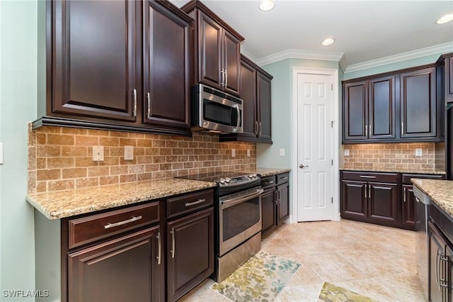 20551 Long Pond Rd, North Fort Myers, FL 33917 - kitchen with appliances with stainless steel finishes, ornamental molding, light stone counters, dark brown cabinets, and tasteful backsplash