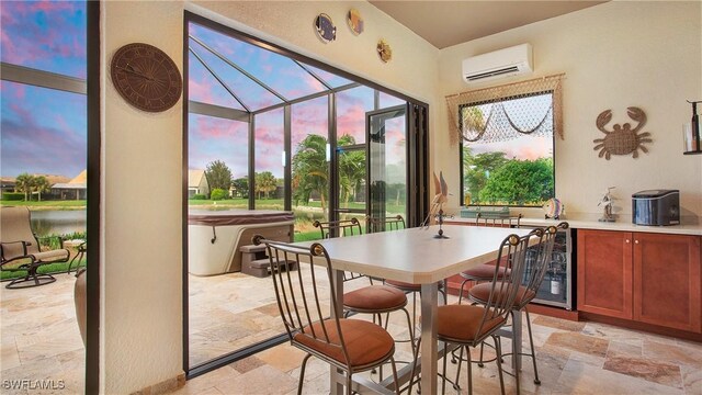 14274 Arrow Point Ct, Estero, FL 33928 - sunroom featuring a jacuzzi, an AC wall unit, plenty of natural light, and wine cooler