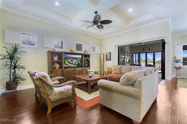 14274 Arrow Point Ct, Estero, FL 33928 - living area with ornamental molding, a ceiling fan, coffered ceiling, dark wood finished floors, and beam ceiling