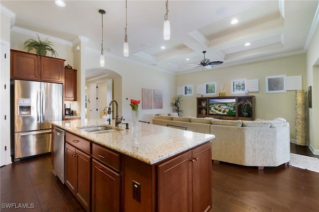 14274 Arrow Point Ct, Estero, FL 33928 - kitchen with appliances with stainless steel finishes, arched walkways, a ceiling fan, dark wood finished floors, and coffered ceiling