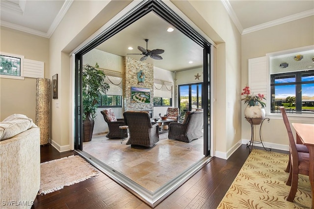 14274 Arrow Point Ct, Estero, FL 33928 - dining area featuring hardwood / wood-style floors, crown molding, a ceiling fan, and recessed lighting