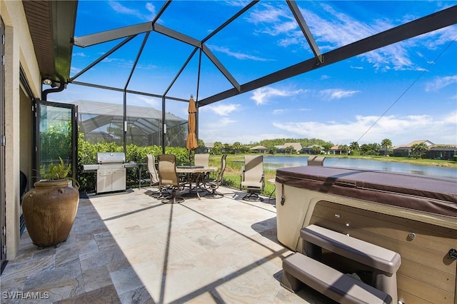 14274 Arrow Point Ct, Estero, FL 33928 - view of patio / terrace with a hot tub, area for grilling, outdoor dining area, glass enclosure, and a water view