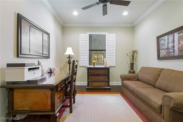 14274 Arrow Point Ct, Estero, FL 33928 - home office featuring wood finished floors, crown molding, ceiling fan, and recessed lighting