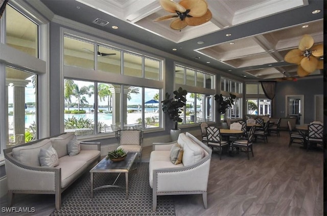 14274 Arrow Point Ct, Estero, FL 33928 - common area with coffered ceiling, crown molding, beamed ceiling, recessed lighting, and a water view
