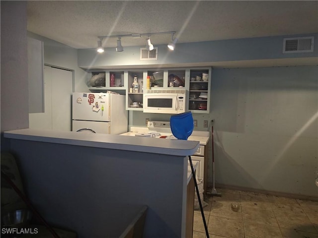12551 Equestrian Cir Unit 704, Fort Myers, FL 33907 - kitchen with white appliances, open shelves, rail lighting, a peninsula, and light countertops