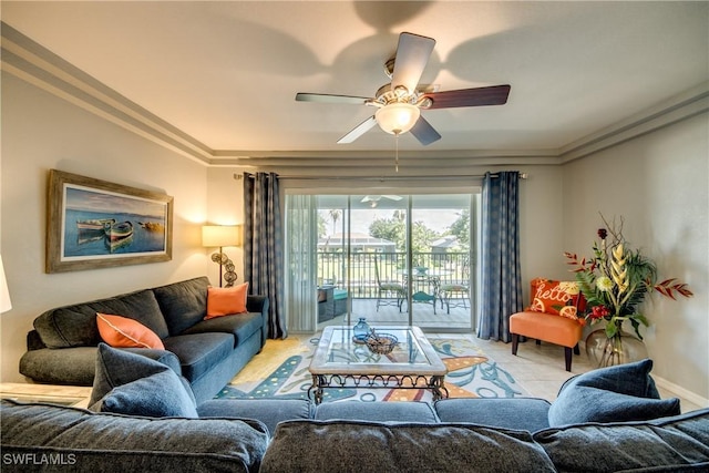 841 SW 47th Ter Unit 206, Cape Coral, FL 33914 - tiled living room featuring ceiling fan and ornamental molding