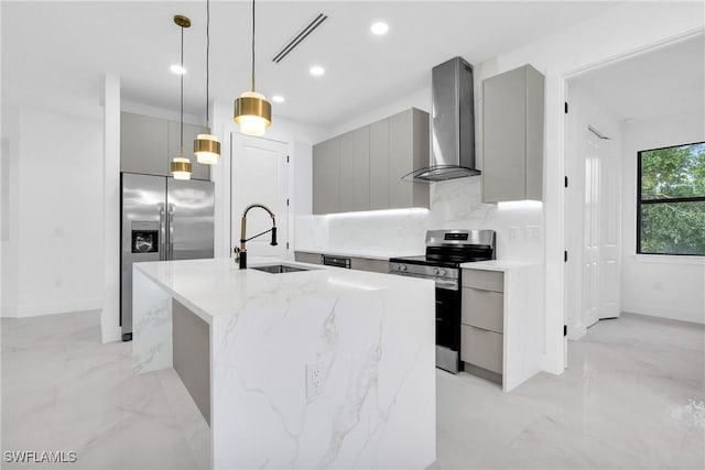 1018 Calvin Ave, Lehigh Acres, FL 33972 - kitchen featuring appliances with stainless steel finishes, modern cabinets, wall chimney range hood, gray cabinets, and recessed lighting